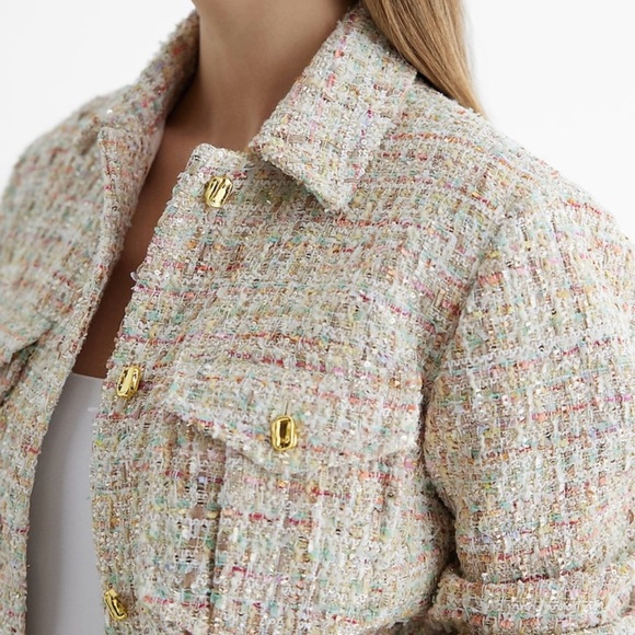 Sequin Tweed Novelty Button Cropped Bomber Jacket - Picture 4 of 8